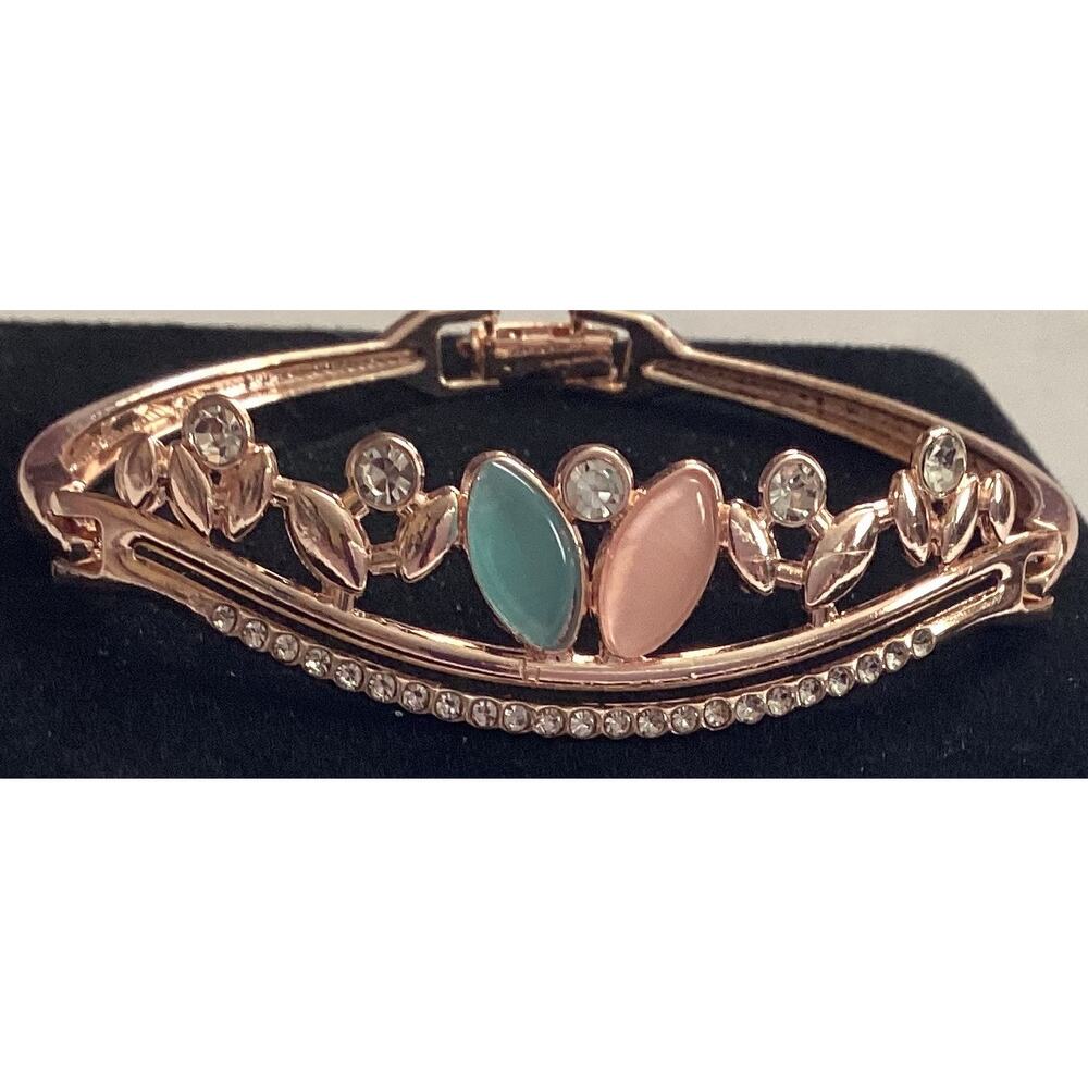 2482 NWOT Rose Gold Bracelet Bangle Pink Blue Beads and Cubic Zirconia Crystals